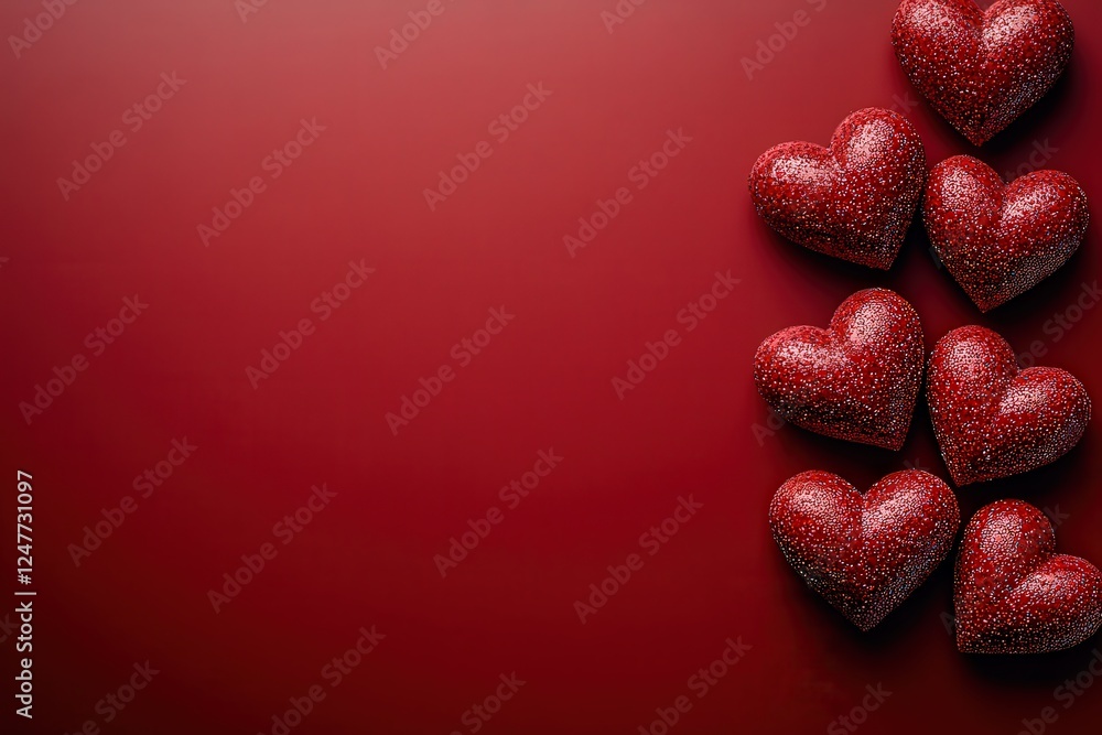 Poster group of red hearts arranged on a solid red background creating a seamless pattern design