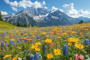 Fototapeta premium Beautiful View of Leavenworth Mountains with Wildflowers in Full Bloom, British Columbia, Canada. Stunning Natural Landscape Showcasing the Best of Spring.