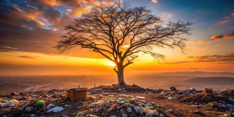 A lone tree stands silhouetted against a vibrant sunset, overlooking a landscape marred by discarded waste and refuse, a poignant juxtaposition of nature and human impact