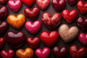 Fototapeta premium Many hearts arranged in a pattern on a wooden surface creating a decorative display