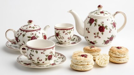 Fototapeta premium Elegant tea set with roses design, teapot, cups, saucers and scones on white background.