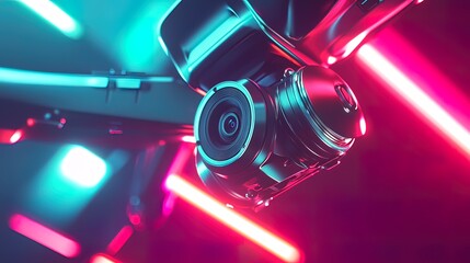 Close-up of a drone camera gimbal with vibrant neon lighting.