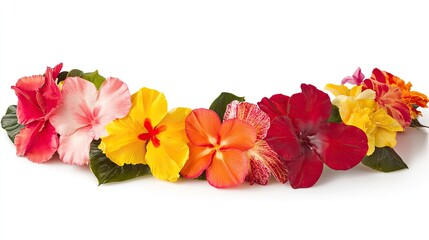 Colorful flowers arranged in a semi-circle on a white background.