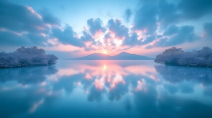 Fototapeta premium Serene Sunrise Over Calm Lake and Mountains