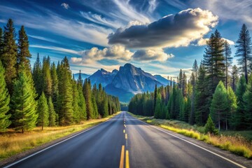 Fototapeta premium Asphalt ribbon winding through a vibrant evergreen forest, leading to majestic mountain peaks under a dramatic sky