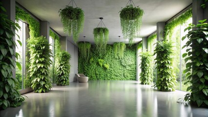 Fototapeta premium Serene Indoor Oasis A Modern Space Adorned with Lush Vertical Gardens and Hanging Planters, Featuring a Minimalist Seating Area