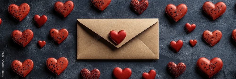 Poster envelope with heart shaped design surrounded by smaller heart shapes on a white background