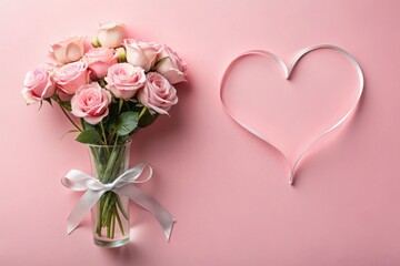 Pink Roses in a Glass Vase with a Delicate Ribbon Bow and a Heart-Shaped Ribbon on a Pale Pink Background