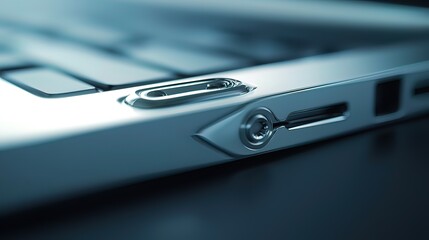 Close-up of a laptop's security lock and USB port.
