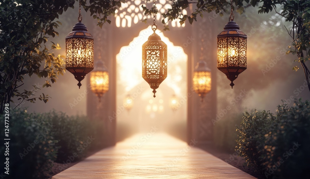 Poster illuminated pathway with ornate lanterns and archway at sunset.