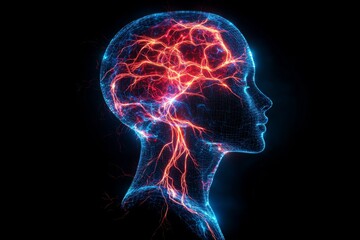Abstract glowing brain hologram in dark space