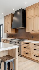 Modern kitchen with light wood cabinets, copper backsplash, and black range hood.