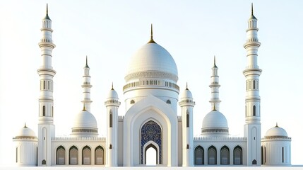 Obraz premium Majestic white mosque with intricate details, multiple domes, and tall minarets against a bright background.