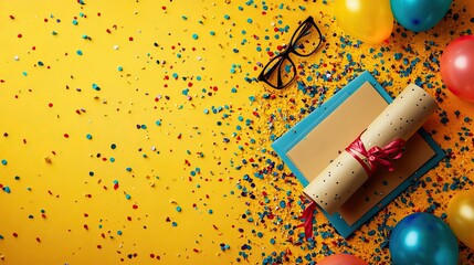 Accomplishment concept. gleaming balloons, mortarboard, diploma rolled and adorned with ribbon, glasses, dazzling confetti on a yellow surface for personalized advertising.