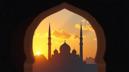 Mosque silhouette at sunset through arch - Faith's enduring presence - Religious observance,cultural heritage