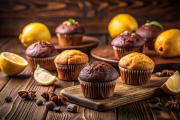 A delightful assortment of freshly baked muffins, showcasing a variety of flavors and textures, arranged on rustic wooden surfaces alongside fragrant spices and zesty lemon slices.