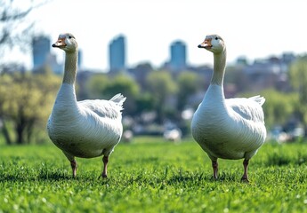 Two White Geese Walking on Green Lawn with Blurred Farm Background. High-Definition Photography Capturing Nature's Serenity.