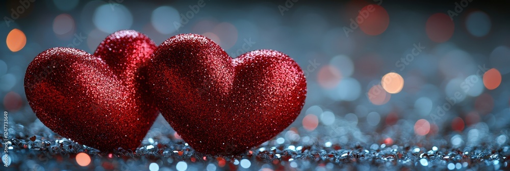 Poster two red hearts on a reflective surface creating a romantic and elegant display