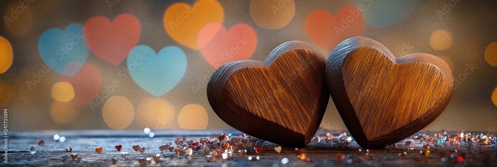 Poster two wooden hearts placed on a table with decorative lights in the background creating a warm atmosph