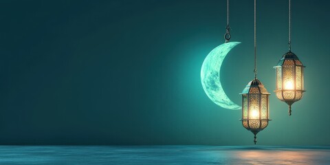 Ramadan crescent moon with hanging lanterns.