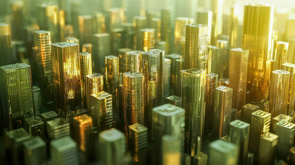 Obraz premium Aerial View of Urban Skyline with Golden Reflections on Skyscrapers