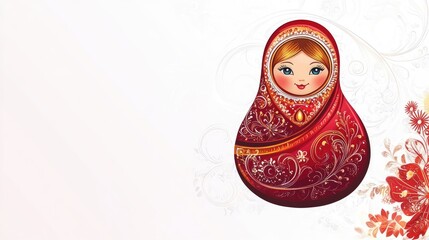 A charming illustration of a traditional Russian nesting doll, Matryoshka, adorned with intricate floral patterns against a soft, white background.