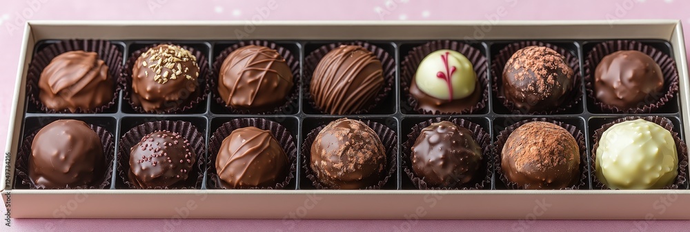 Aufkleber box of assorted chocolates displayed on a pink background with decorative elements and textures