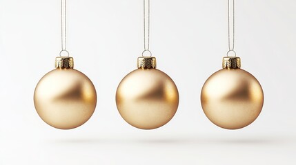 Elegant Display of Three Shimmering Gold Christmas Ornaments Gracefully Hanging Against a Pure White Background Evoking a Joyful and Festive Atmosphere for Holiday Celebrations and Decorations