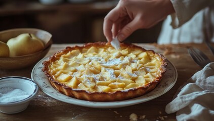 Freshly Baked Apple Tart with Hand Sprinkling Sugar on Top and Pears in Background, Cozy Kitchen Setting, Warm and Inviting Atmosphere