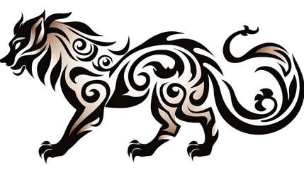 Fototapeta premium Tribal wolf design, stylized animal illustration with swirling patterns and ornate details on a white background.