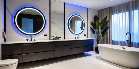Luxurious modern bathroom with sleek black vanity, illuminated circular mirrors, a freestanding bathtub, and elegant marble flooring, creating a sophisticated and stylish ambiance

