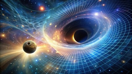 A Celestial Body Approaches a Wormhole in the Fabric of Spacetime, Surrounded by a Grid-like Structure and Glowing Nebulae