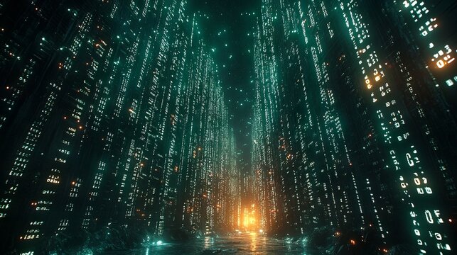 Digital Matrix with Streams of Binary Code Illuminating Environment