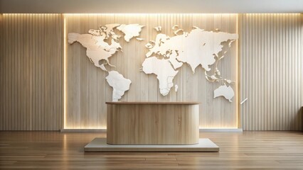 Modern Reception Desk with Global Map Wall Art in a Light Wood Office