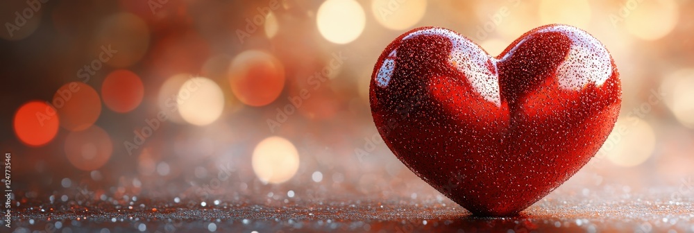 Poster red heart shape on a reflective shiny surface creating a romantic and artistic visual effect