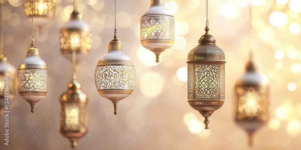 Poster elegant gold and white hanging lanterns illuminated against a bokeh background.