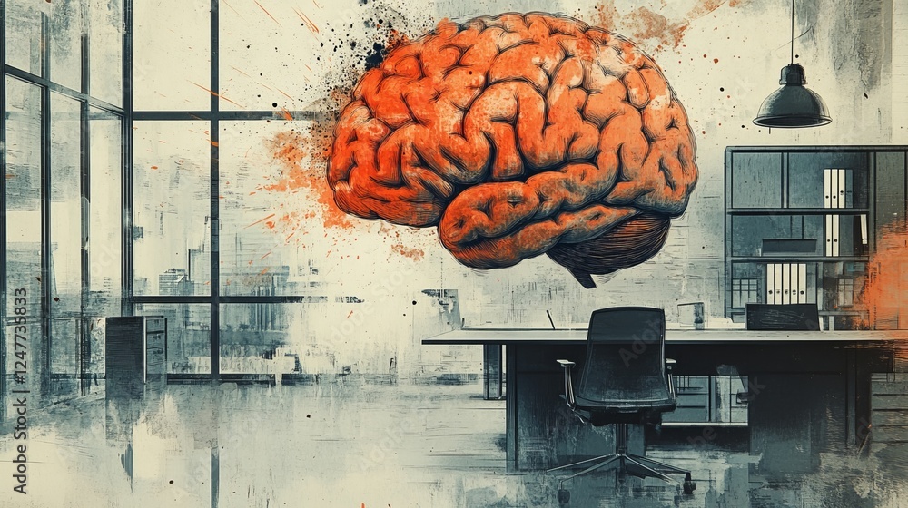 Poster intriguing artistic representation of a brain in a modern office setting capturing the essence of cr