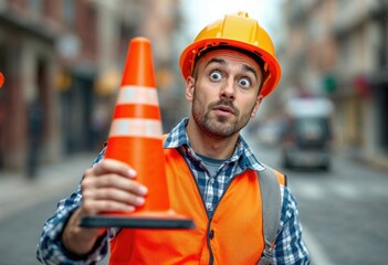 surprised workman holding a traffic cone