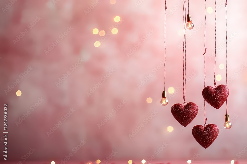 Poster two hearts hanging from strings against a soft pink background with a simple and romantic design