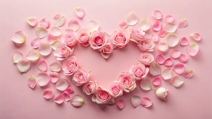 A delicate heart shape formed by light pink roses and scattered petals on a pastel pink background, a romantic floral arrangement perfect for Valentine's Day or anniversary celebrations.