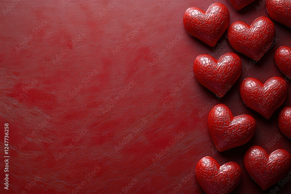 Poster cluster of red hearts on a vibrant red background creating a visually striking pattern