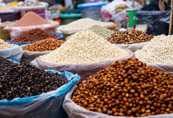market display of different spices and grains