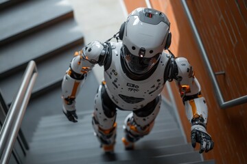 Fototapeta premium Futuristic robot walking down modern stairs