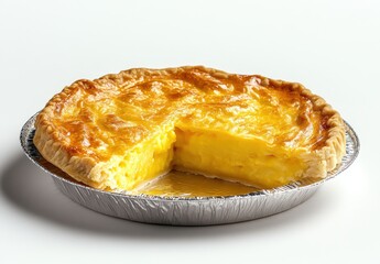 Freshly Baked Creamy Custard Pie with Flaky Golden Crust Presented on White Surface