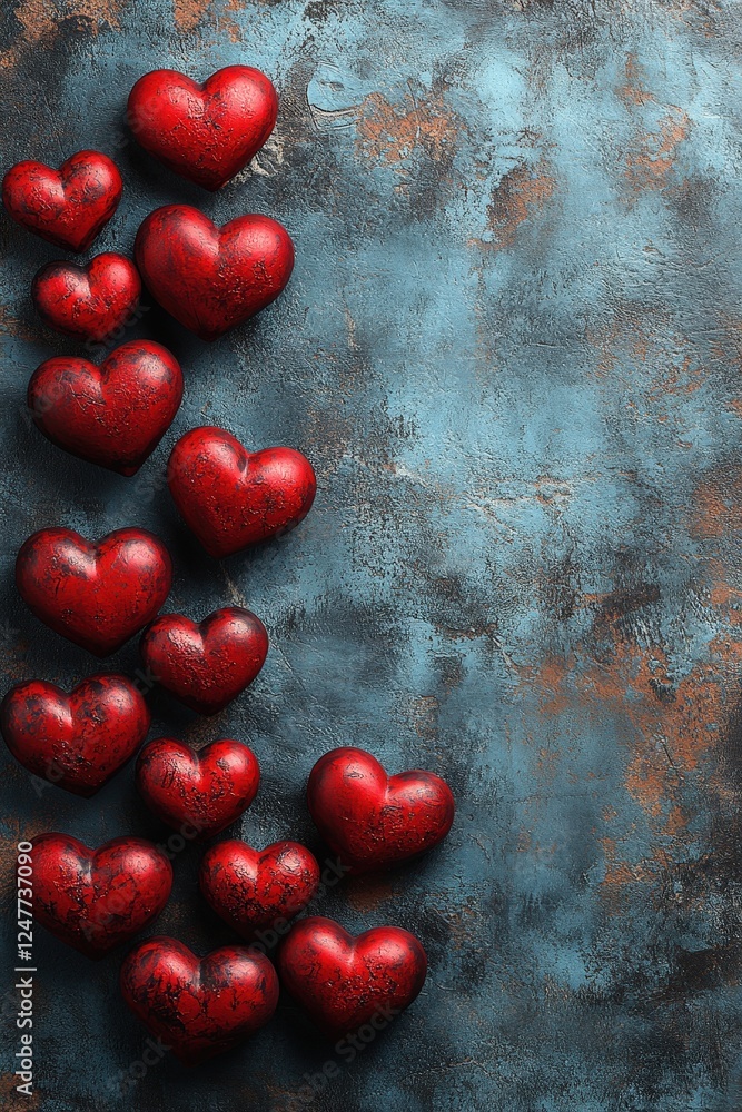 Poster a collection of red hearts scattered on a bright blue background creating a vibrant visual display