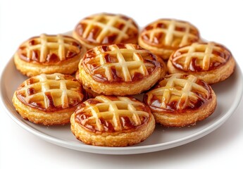 Fototapeta premium Freshly Baked Golden Pastries with Lattice Top on a White Plate, Perfect for Dessert Enthusiasts and Culinary Photography