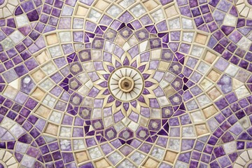 Intricate Purple and Beige Mosaic Tile Design with Geometric Patterns and Central Floral Motif