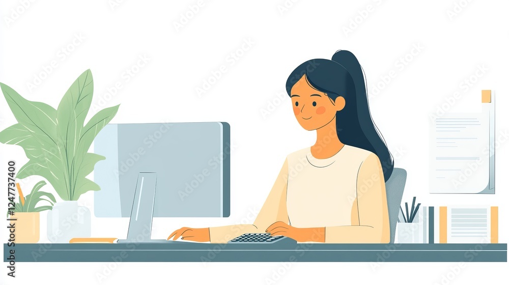 Poster focused female professional working at a modern desk with a computer and notepad surrounded by offic