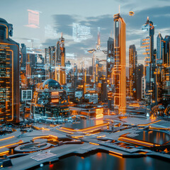 Fototapeta premium Futuristic Cityscape with Neon Lights and Digital Architecture at Dusk