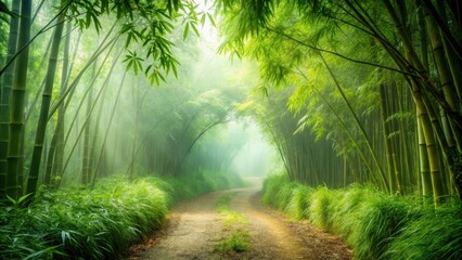 Fototapeta premium Serene Path Winding Through a Misty Bamboo Forest, a Tranquil Scene of Lush Greenery and Sunlight Filtering Through the Canopy
